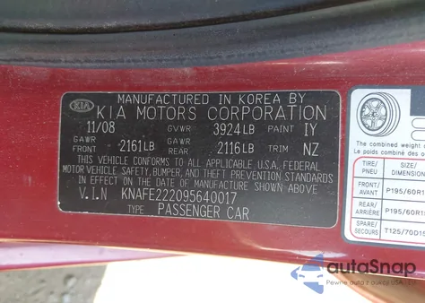 2009 Kia Spectra Ex z USA, uszkodzony, nr VIN KNAFE222095640017